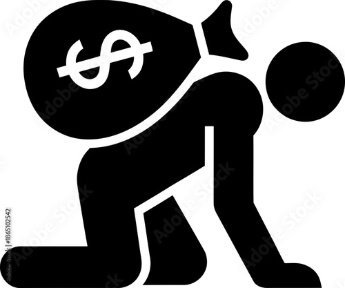 Man crawling with heavy money bag on his back, representing financial burden, debt, poverty, bankruptcy. Modern simple black vector illustration