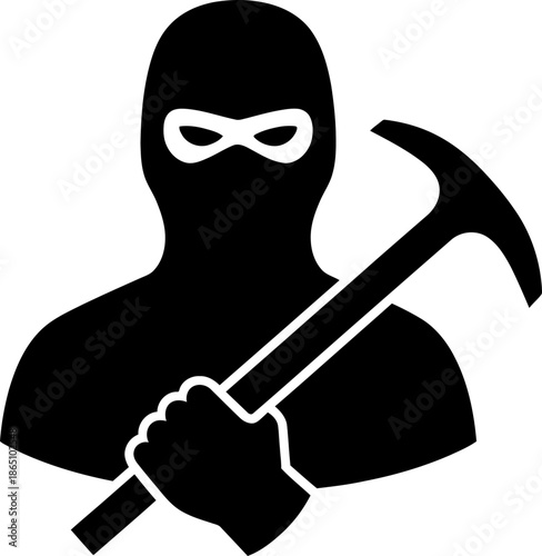 Masked thief or robber with crime tool pickaxe or ice pick. Dangerous theft, burglary concept. Vector icon or symbol for banner, illustration