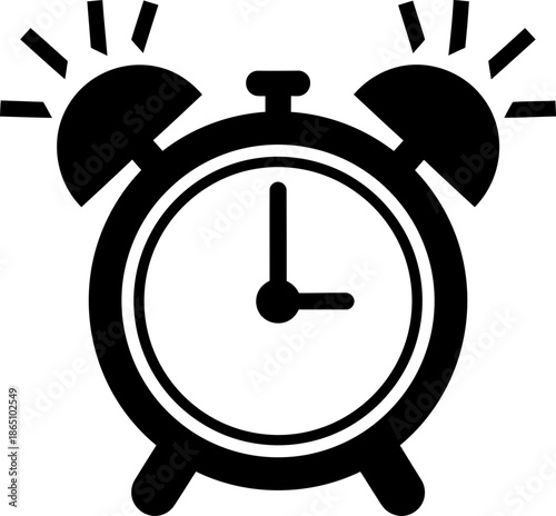 Black alarm clock ringing with sun rays. Wake up time, deadline, reminder, warning, morning wakeup concept. Simple flat vector icon
