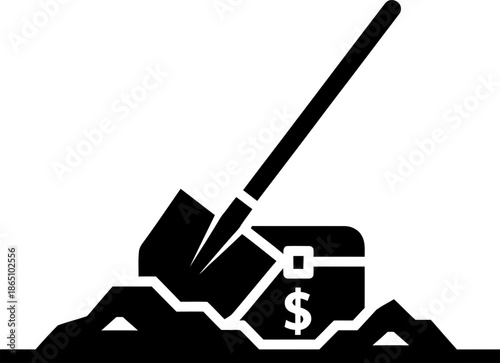 Icon of a treasure chest with a dollar sign being dug up by a spade. Business investment and finding wealth concept. Vector graphic for financial design