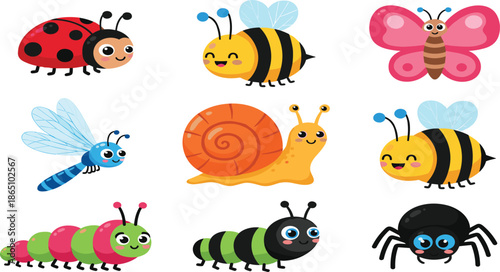 Set of Cute Cartoon Insect Characters Including Ladybug Bee Butterfly Dragonfly Snail Caterpillar and Spider for Children Education and Nursery Decor