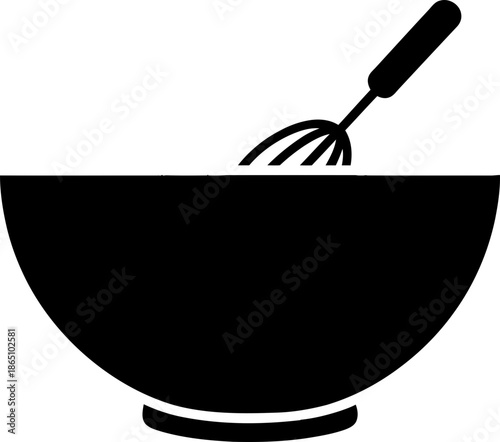 Mixing bowl with whisk icon. Kitchen utensil symbol. Culinary tool for cooking, baking food. Simple outline black vector illustration.