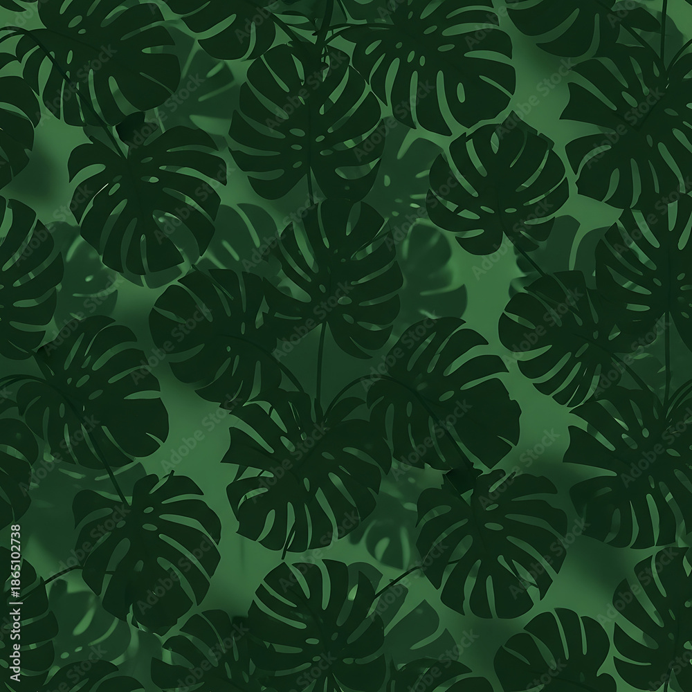 Fototapeta premium dark green monstera leaf seamless pattern creating a lush tropical foliage background perfect for modern organic branding textile design and digital content.