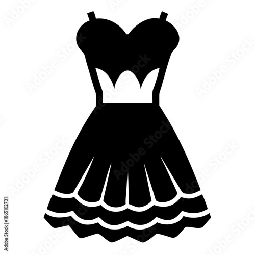 A black silhouette icon of a stylish cocktail dress with a tiered and pleated skirt