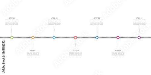 Infographic roadmap design template. Business Timeline of 7 Important Business Events annual business presentation. Vector illustration