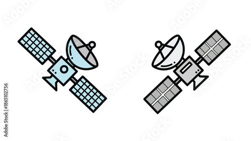 Illustration of two communication satellites with solar panels and antennas