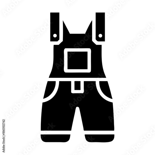 A flat black icon illustration of a classic overall or dungaree garment with bib and straps