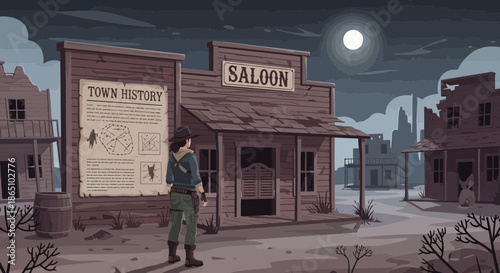 Lone Figure Contemplates Town History Outside a Desert Saloon.