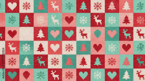 北欧風ニット模様の冬のデザイン。ざくざくとした編み目の質感　クリスマスの祝祭感と雪の結晶とトナカイ