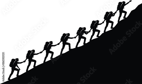 Silhouette of a team of hikers climbing a mountain together, helping each other reach the summit, representing leadership, teamwork, and success.