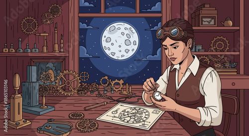 Steampunk Inventor at Work Under Moonlight.