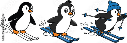 Three cute cartoon penguins skiing on snow in different poses, featuring a penguin with a blue hat and ski poles,