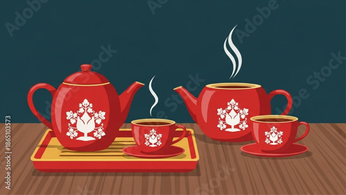 Traditional Chinese red tea set illustration