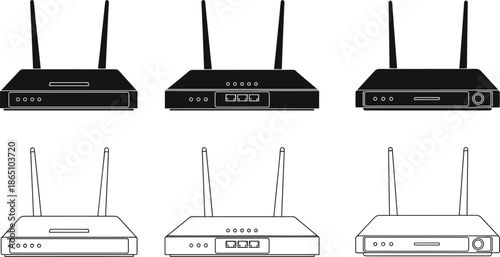 Wireless router vector icons set with dual antennas, black and white network hardware silhouettes, internet connection equipment for web design.