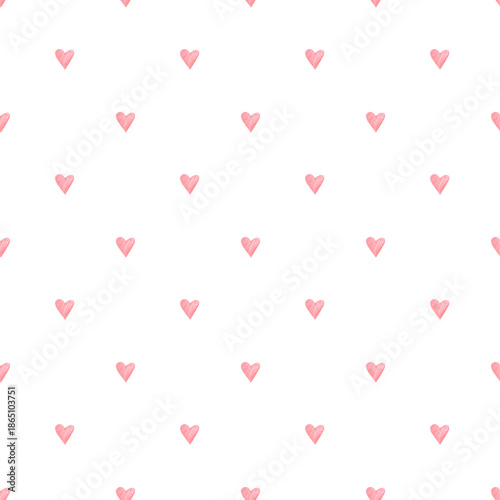 Light seamless pattern with tiny light red hearts, hand drawn and evenly spaced on a white background. Soft romantic design for Valentine’s Day, baby products, textiles and digital design projects.