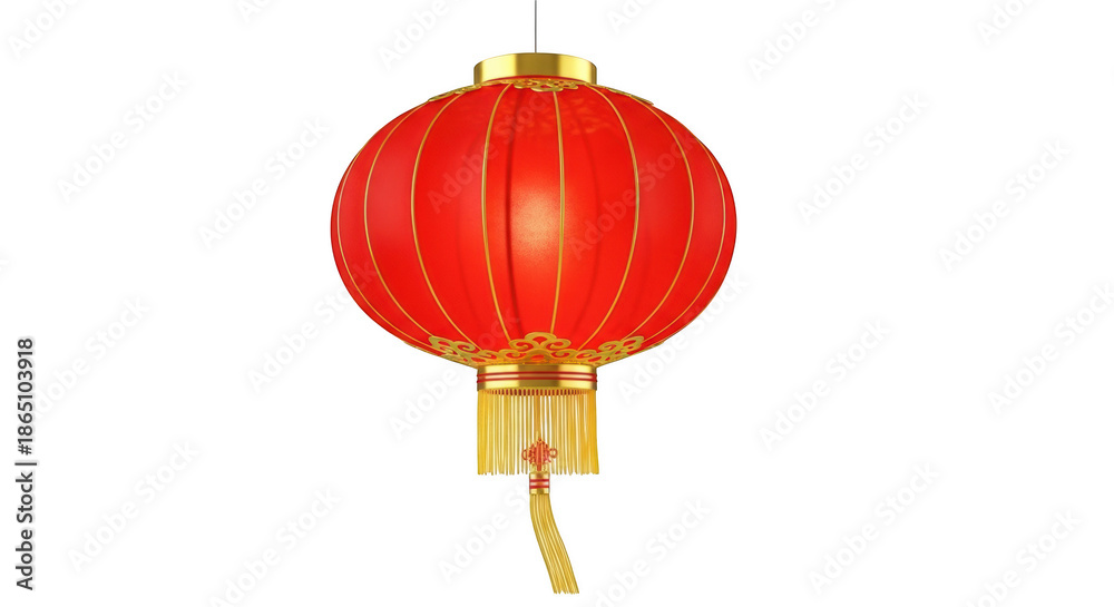 Obraz premium Red and gold Chinese lantern with tassel hanging against png isolated transparent background black background