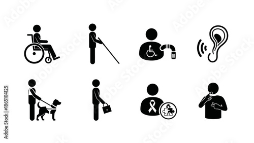 A black silhouette vector set featuring a business man and woman with their dog and family figures in a cartoon stick pictogram style
