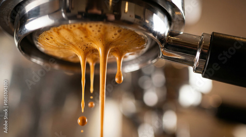 Close-up of espresso extraction with rich golden crema dripping from a portafilter, showcasing barista craftsmanship, specialty coffee brewing, texture, and fresh espresso preparation.