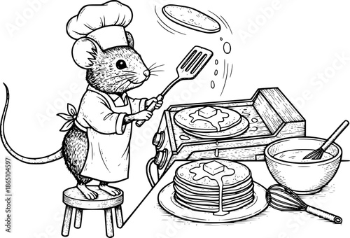 Engraved Illustration of a Mouse Chef Preparing Pancakes with Ke

