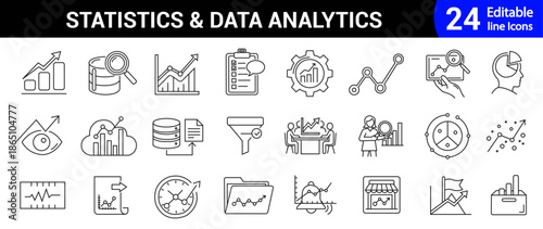 Statistics and data analytics editable line icon set for insight, metrics, dashboard, chart, graph, trend, algorithm. Vector illustration