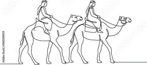 Continuous one line drawing of two Arabic men riding camels in the desert in minimalist elegant black and white style