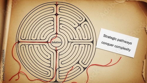 Circular Maze with Red Thread Leading to Solution