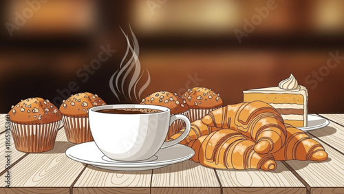 A steaming cup of coffee and assorted baked goods on a wooden table in a cozy setting with muffins and croissants