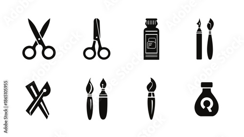 Art and Craft Supplies Vector Icons Set. Silhouettes of Creative Tools: Scissors, Paint Brushes, Ink Bottles for Hobbies & Design.