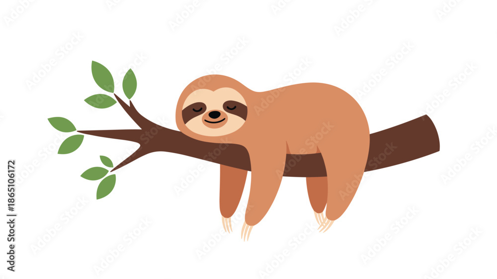 Obraz premium Cute sloth sleeping peacefully while hanging onto a brown tree branch with green leaves on a white background.