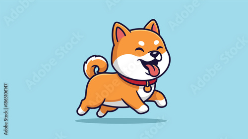 Energetic shiba inu dog jumping or running with a happy expression and wearing a red collar against blue sky.