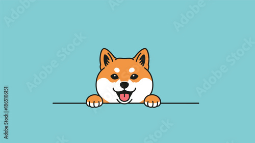 Happy shiba inu puppy peeking over a horizontal line with a friendly smile and its tongue sticking out joyfully.