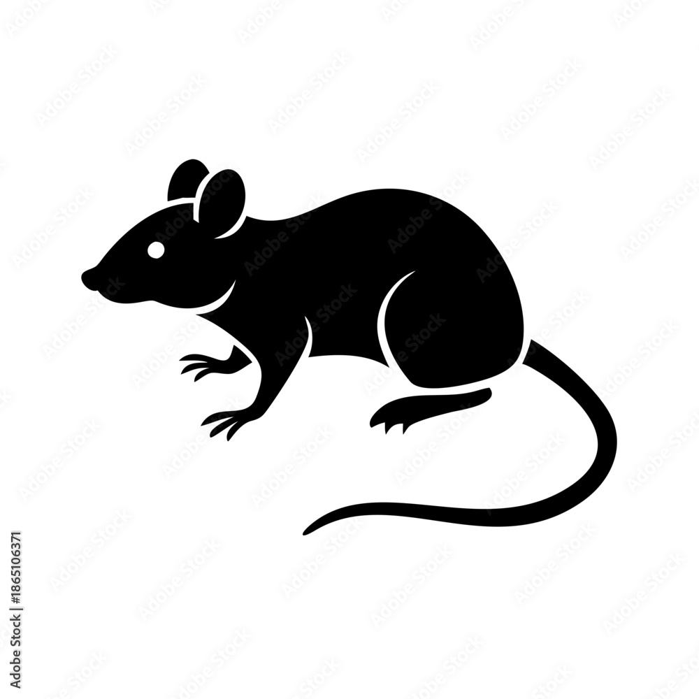 Fototapeta premium Sleek black silhouette of a rat or mouse with a long tail, representing rodent or pest