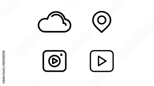 Outline digital technology and media icons set for web and mobile UI/UX. Includes cloud storage, location pin, video camera, and play button symbols.
