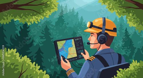 Search and Rescue Worker Using Tablet in Forest.