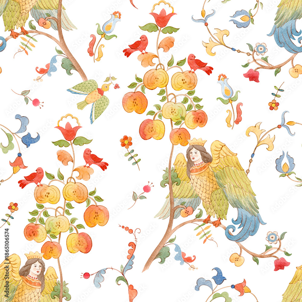 © Zenina-Lembrik - Whimsical Slavic mythology seamless pattern featuring the Alkonost, a legendary bird with a human face from Russian folklore. Vintage fairytale illustration with ornate branches and floral motifs