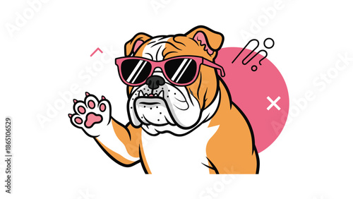 Tough bulldog wearing pink sunglasses and waving its paw with a very friendly smiling expression on white.