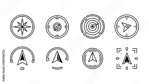 Set of navigation instruments and direction indicators including compasses and arrow pointers for travel exploration and guidance related vector graphics