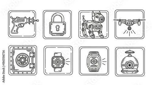 Assortment of advanced security and surveillance devices including ray gun robot dog drone vault smart watch and security camera for protection and safety illustrations