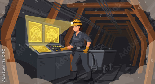 Female Miner Monitoring Underground Operations at a Control Panel.