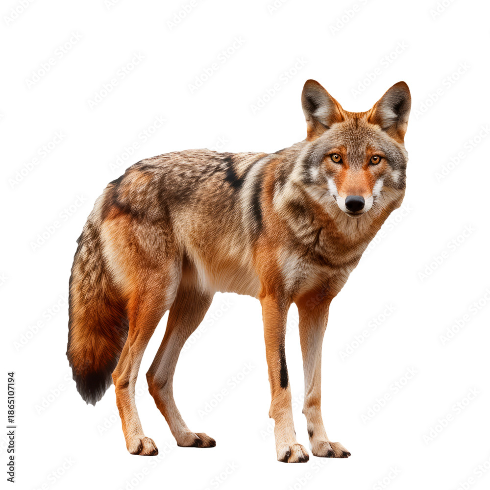 Fototapeta premium Realistic coyote standing in full body view, wild animal isolated on transparent background