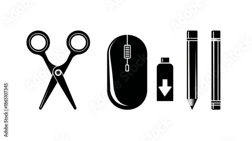 Creative Design & Office Tools Vector Set: Scissors, Computer Mouse, Ink Bottle, Pencils. Graphic elements for craft & work.