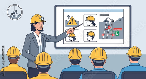 Safety Training Session Instructor Explains Head Protection to Workers.