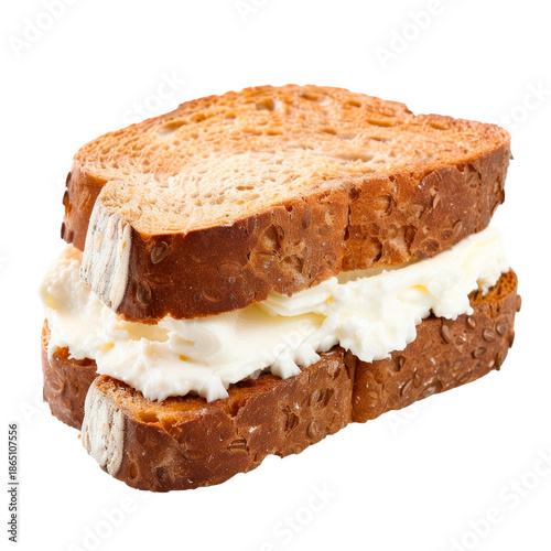 Double layered toast sandwich with thick cream cheese filling, realistic food composition isolated on transparent background.