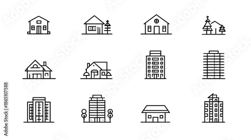 House and Building Line Icons Set. Vector Outline Collection of Residential, Commercial, and Architectural Structures.