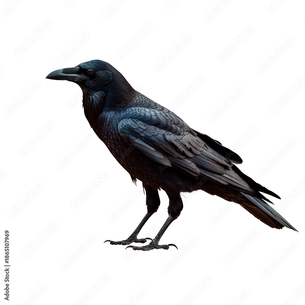 Fototapeta premium Realistic black crow standing in profile view, detailed feathers isolated on transparent background.