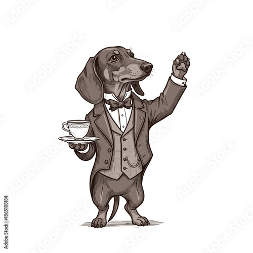 Elegant dachshund butler in a tuxedo serving tea, a sophisticated vintage illustration of refined canine hospitality