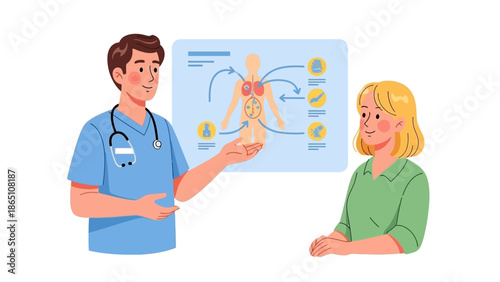 Male doctor explaining thyroid diagram to woman.