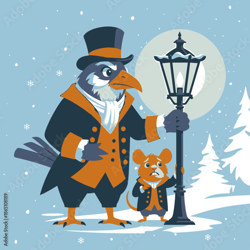 A distinguished avian gentleman and his tiny mouse companion illuminate a frosty winter's night with a gas lamp