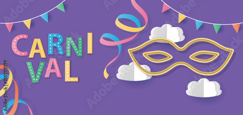 Carnival card or banner with streamers and hanging flag garlands