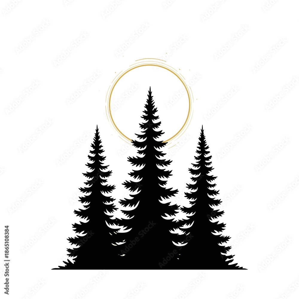 Obraz premium Abstract black silhouettes of majestic coniferous trees under a radiant golden sun, evoking a serene natural landscape concept and tranquil wilderness